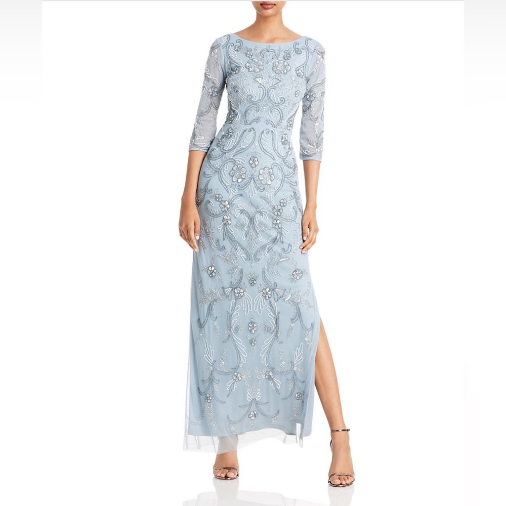 NWT Aidan Mattox Light Blue Fully Beaded Gown Maxi Column Dress Size 4 $495